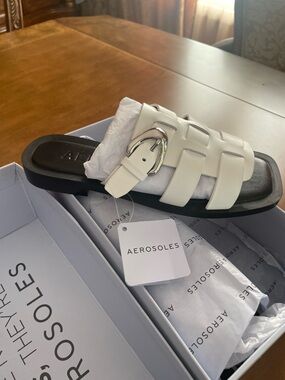 AEROSOLES White Leather Woven Buckle Slide Sandals